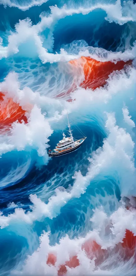 painting of a boat in a wave with orange and blue water