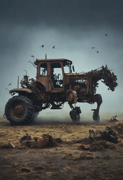 a close up of a tractor with a horse on it in a field