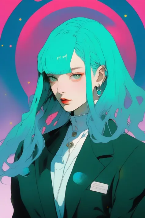 oil color,(1girl ),,lip, Blazer,Circlet, contrasting colors gradient background, Teal hair,Box cut hair, Alien ,, (masterpiece,best quality,niji style)