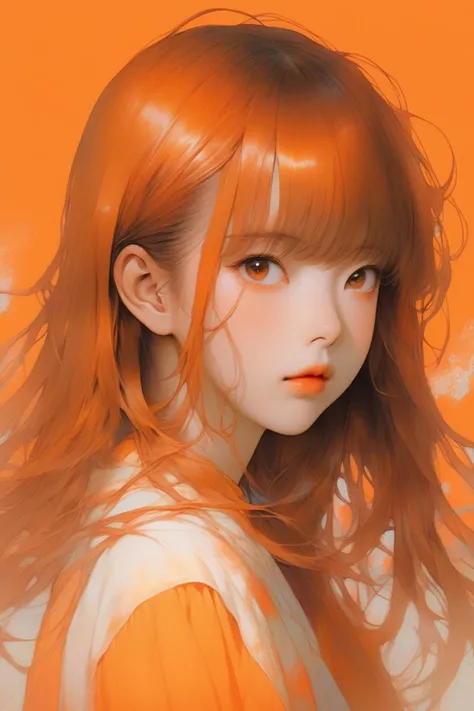 (realistic:1.1),ghibli ,anime ,(childen girl ,1girl ),,lip, Laplap,Fiberglass, fluorescent orange gradient background, Rust hair,Blunt bangs hair, Asian ,, (masterpiece,best quality,niji style)