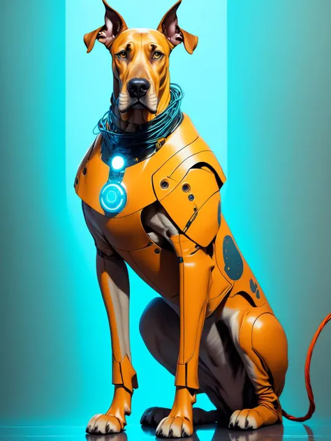 in the style of artgerm, Cyberpunk Style, 1dog,Scooby Doo, full body shot, cyberpunk clothing, Great Dane Dog, dog focus, cyberpunk background, robot, science fiction, solo, full body, wires and cables, <lora:ComicBookStyleSDXL:1> <lora:ClearHand-V2:2>