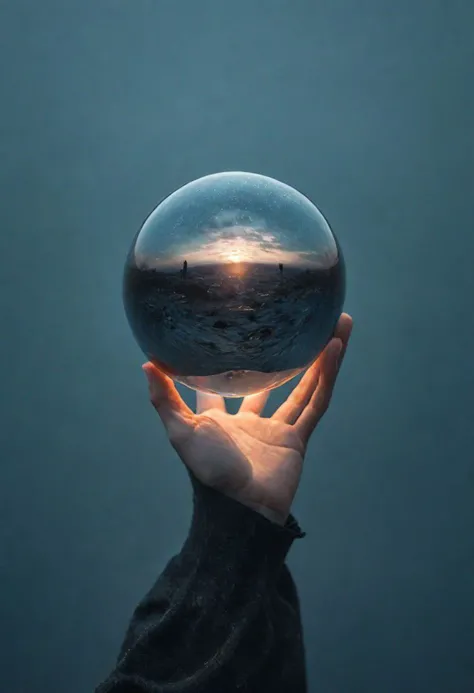 Create a vivid description for a photograph featuring a large DARK neon luminous glass sphere held in an outstretched hand, magnifying the face of the person gazing into it.
very detailed, raw photo, high detailed texture, 8k uhd, dslr, soft lighting, high...