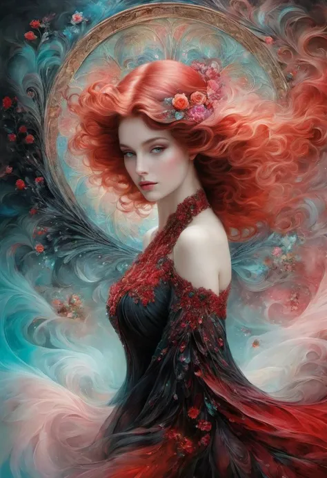 (((black and red hue))), Masterpiece, a burst of plasma owl, dream, ornate, explosion of liquid whimsical fantasy elegant rose floral botany maximalism with a wave of flowers garden flowing flowers floating in misty soft pink, aqua, soft apricot, fluffy do...