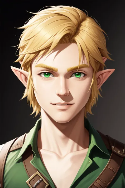 (masterpiece, best quality), detailed face, detailed eyes, 
(1boy), male focus, upper body, portrait of (link from zelda), blonde hair, short hair, green eyes, smirk,