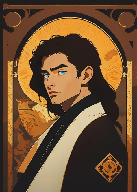 a male teenager with black robe, pretty boy, 
portrait, facing viewer, 1boy, solo,
blue eyes, brown long_hair, dnd a character profile,
<lora:derpd - DerpdeedooStyle:0.5> derpd
<lora:PZH_tarot_electronic:0.8>
<lora:comicDiffusion_v2:0.8>