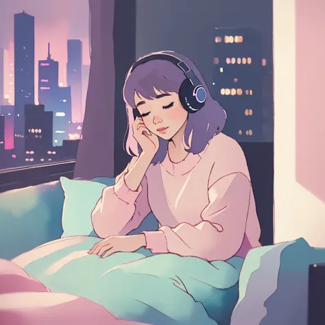 anime girl listening to music on her phone while sitting on a bed