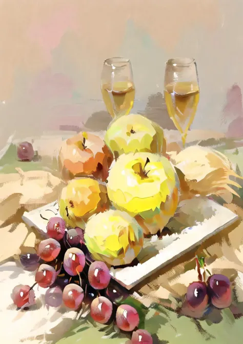 masterpiece,best quality,(Chicken:1.1),an apple,grapes,brushwork,lksecai,no humans,<lora:lksecaiV2:0.9>,