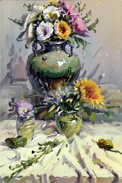 <lora:gouchestilllife:0.75>, lksecai, brushstrokes, vase of flowers, roses, sunflowers, lavender, lillies, no humans, <clip:skip:2> || <lora:gouchestilllife:0.4>, lksecai, brushstrokes, masterpiece, 8k, high resolution, shallow depth of field, sharp focus