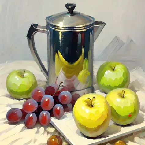 painting of a silver coffee pot with apples and grapes on a table