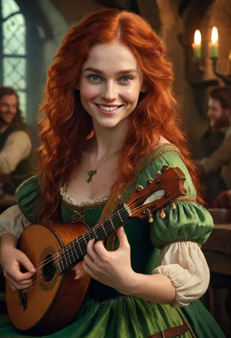 Realistic close up portrait photo of a pretty female bard, red and green dress, playing the lute, smiling, perfect teeth, long wavy red hair, (beautiful detailed green eyes:1.0), in a fantasy tavern, photorealism, flattering light,