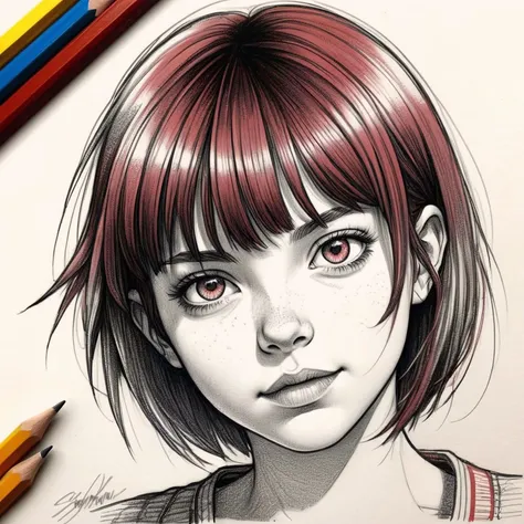 2d, sharp, cute girl, delicate skin texture, skin grain, fair skin, sparkling white eyes, dark red fringe hair, colorful, bright colors, sketch portrait, pencils, black and white,pencil H drawing on low grain white paper,uncolored pencil line draft, hand d...