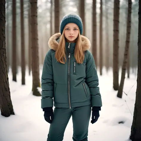 Hasselblad Award Winner, 50mm, photorealistic, a  cute  finnish girl,  slim body, cozy winter jacket and pants ,delicate face,  full body shot, deep forest