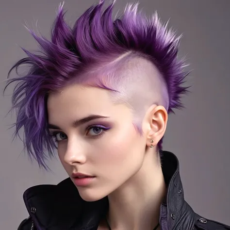 sharp, cute girl, delicate skin texture, skin grain, fair skin, purple mohawk hair,