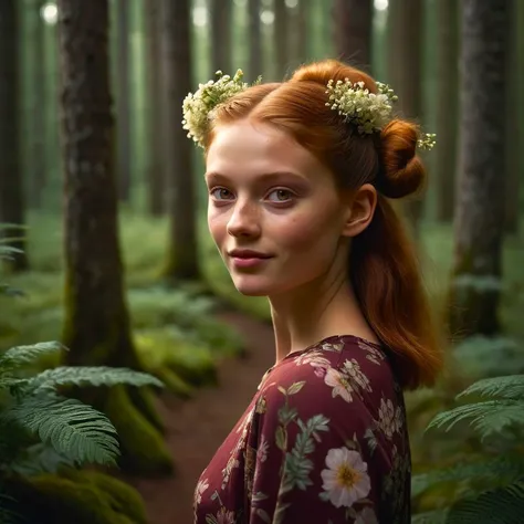 Hasselblad Award Winner, a finnish 22yo girl walking in a deep old forest, shy smirk, mystical flowers, rich burgundy bun hair ,(( light ginger eyes )) ,whymsical, sublime, harmonious, sensual, colourful, nightime, moonlight