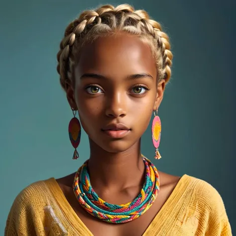 uncensored, Hasselblad Award Winner, a somalian girl , medium blonde braided hairstyle ,(( dark bioluminiscent eyes )) ,whymsical, sublime, harmonious, sensual, colourful, <lora:mjv6:0.6>