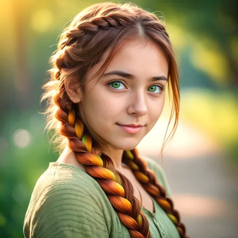 dslr photo, sharp, a girl, delicate skin texture, skin grain, buff skin, light pea green eyes , rufous fishtail braid, looking at camera, colorful, bokeh