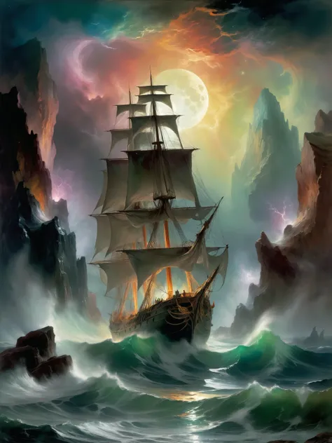 a famous artwork by (thomas moran:1.2) showing a masterfully painted image of a scene (by h.p. lovecraft:1.2), an (eerie ghostly sailing ship:1.2) emenating (mysterious colorful eldritch energy:1.4) is sailing on a (stormy sea:1.2) through towering jagged ...