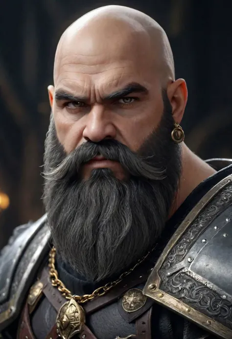 Realistic and detailed close up portrait 
photo of a male dwarf, looking grim,  heroes5_dwarf, solo, jewelry, weapon, male focus, earrings, sword, armor, (((black clothing))), (((black beard))), bald, muscular, facial hair, chain, piercing, ring, beard, ba...