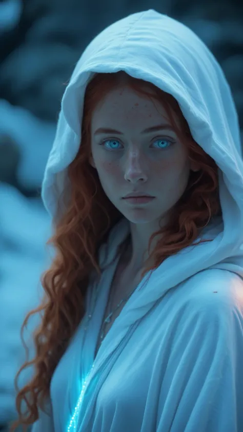 a beautiful a woman, mage, white hooded mage robes, long wavy red hair, glowing bioluminescent light blue eyes, polar landscape, headshot, flattering light, <lora:Bio-Luminescence:1>