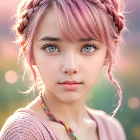 dslr photo, sharp, a girl, delicate skin texture, skin grain, buff skin, light misty rose eyes , pastel braided hairstyle, looking at camera, colorful, bokeh