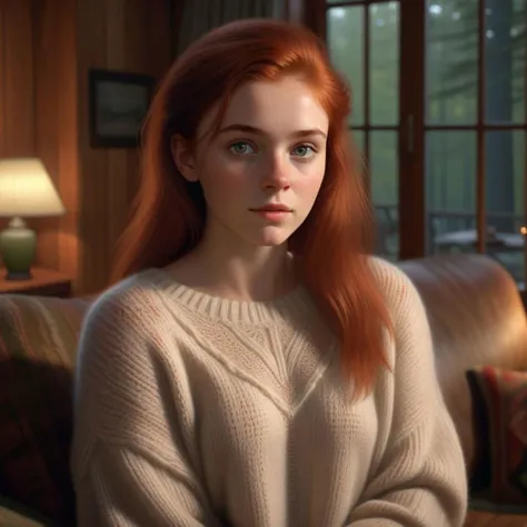 16k, masterpiece, photorealistic,a cute english girl , delicate pastel eyes , auburn red razor cut hair ,buff skin, soft skin texture, skin grain, wool knitted intricate clothes , cozy living room in a wood forest lodge, nightime