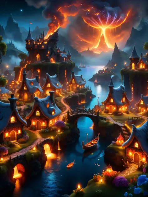 ral-lava, A whimsical scene of a ral-lava fairy village at night, with tiny habor, fishing boats, a lighthouse, houses, bridges, and gardens all intricately detailed in ral-glacial textures, smoke from chimneys, buildings with ethereal lights <lora:ral-lav...