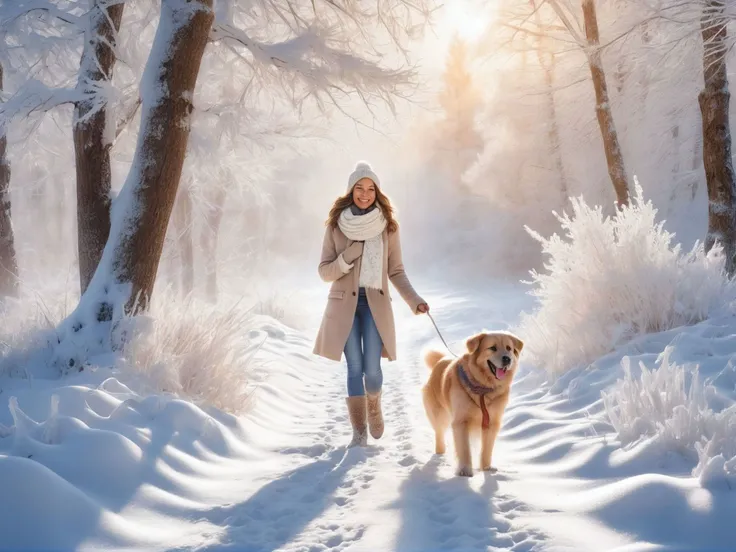 winter morning, young woman and her dog on a snow landscape, warmth smile , cozy scarf, loyal dog, fluffy bundle of joy, leaving a trail of paw prints behind, winter wonderland, glistening snowflakes and frost-covered trees