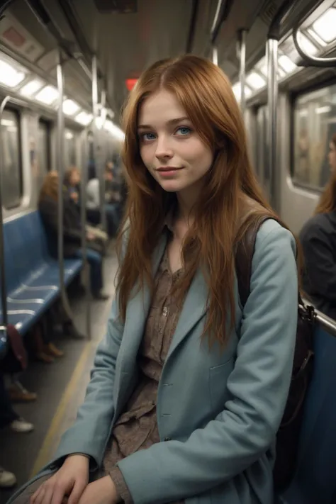 photography, Alice Ingram, riding the subway, long auburn hair, a softened wry smile-subdued excited bliss, soft lighting on face, realistic skin-clothing-hair textures, carpeted fog sky blue eyes, Beautiful Real Textures & Delicate Aesthetics, Remarkable ...