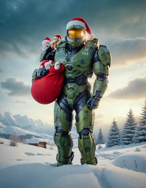 <lora:Halo1024:0.8> ral-santa style Halo1024 (full body:1.1), (Master Chief wearing a Santa hat, a large red sack of toys slung over his shoulder:1.22), standing in a winter field, vibrant, at dim dusk, detailed clouds, soft lighting, 8K UHD RAW movie stil...