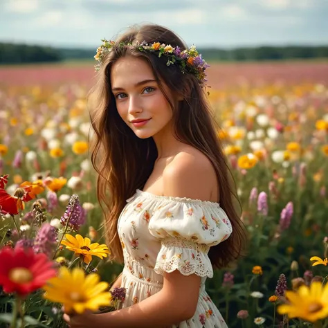 uncensored, Hasselblad Award Winner, a polish girl posing in a beautiful magical field of flowers,shy smirk, long chocolat hair,(( dark ivory eyes )) ,whymsical, sublime, harmonious, sensual, colourful, <lora:mjv6:0.6>