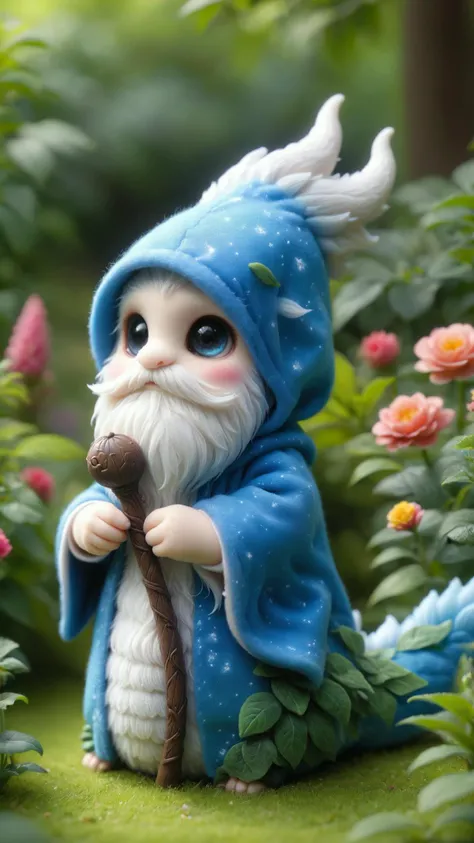 photograph of an adorable ral-smoldragons plushie toy, blue hooded felt wizard robe, (gnome beard:1.2), holding cute wizard staff, in beautiful summer garden, centered image, symmetrical, ultra realistic, <lora:ral-smoldragons:1>