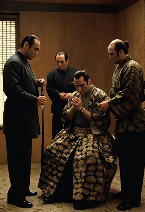 arafed man in a kimono sitting on a chair with a sword