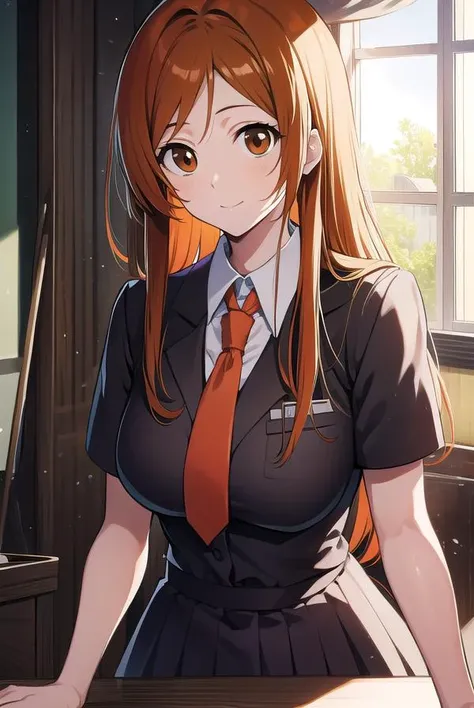 inoueorihime, <lyco:inoueorihime-LYCORIStest:1>, inoue orihime, orange hair, long hair, (brown eyes:1.7), hairpin, smile, (medium breast:1.2), 
BREAK school uniform,
BREAK looking at viewer, 
BREAK indoors, classroom, 
BREAK <lora:GoodHands-vanilla:1>, (ma...