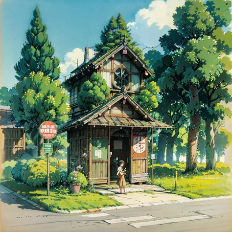 (style of studio ghibli:1.2), (masterpiece, best quality), 1girl and totoro,  totoro bus stop,  <lora:Pyramid lora_Ghibli_n3:1>