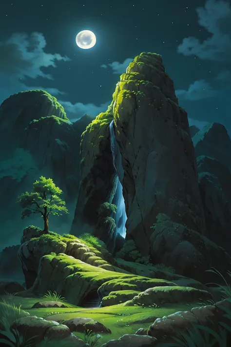 masterpiece, (((best quality))),<lora:Pyramid lora_Ghibli_n3:1>, landscape, dark night, bright  moon, weak star, cliff, wind blowing, green grass, fantasy,  magic world, waterfall,