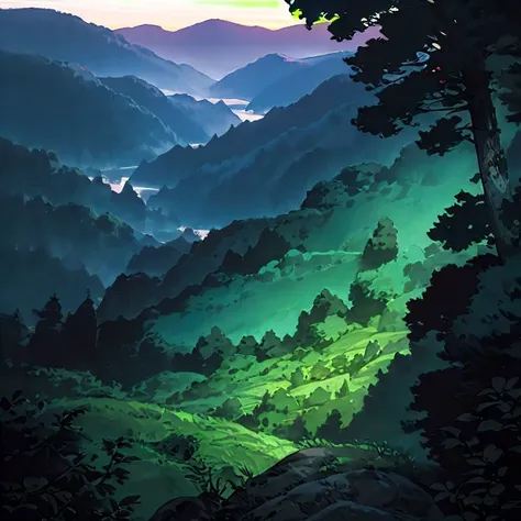 a painting of a mountain scene with a valley and trees