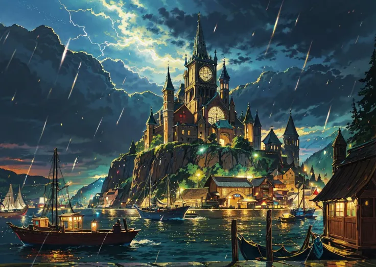 <lora:Ghibli_v6:0.8> <lora:add_detail:0.5>
((masterpiece)), (best quality), (ultra detailed), (digital), medieval era port city, harbor, fantasy, ocean, storm, rain, mountains, anime style, intricate, elaborate detail, ((vivid)) colors, high saturation