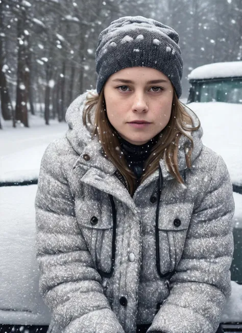 RAW photo of a sks woman, sitting in outdoor car ,winter ,snowy , ((wearing cap)), (detailed face), grunge, ((visual kai)),  ((full body)), (high detailed skin:1.2), 8k uhd, dslr, soft lighting, high quality, film grain, Fujifilm XT3, <lora:locon_brie_v1_f...