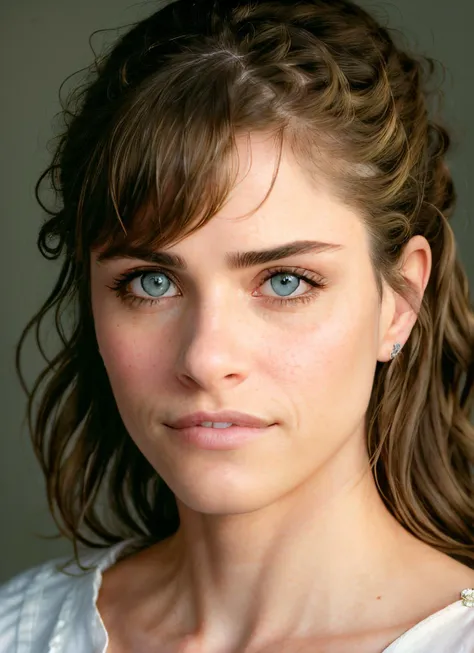 a close up of a woman with a white shirt and blue eyes