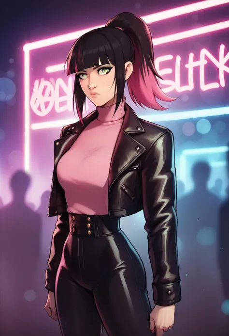 score_9, score_8_up, score_7_up BREAK solo, 1girl, cowboy shot, nightclub, neon lights, bokeh, depth of field, black hair, pink dyed hair, ponytail, bangs, green eyes, freckles, makeup, leather jacket, turtleneck, high waist pants <lora:dhs_pd:1>