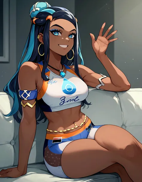 score_9, score_8_up, score_7_up,  <lora:EPpkNessa:0.8> EPpkNessa,, blue eyes, black hair, blue hair, streaked hair, single hair bun, dark skin, dark-skinned female,, swimsuit, sportswear, blue eyeshadow, makeup, bike shorts, belly chain, navel, jewelry, ho...