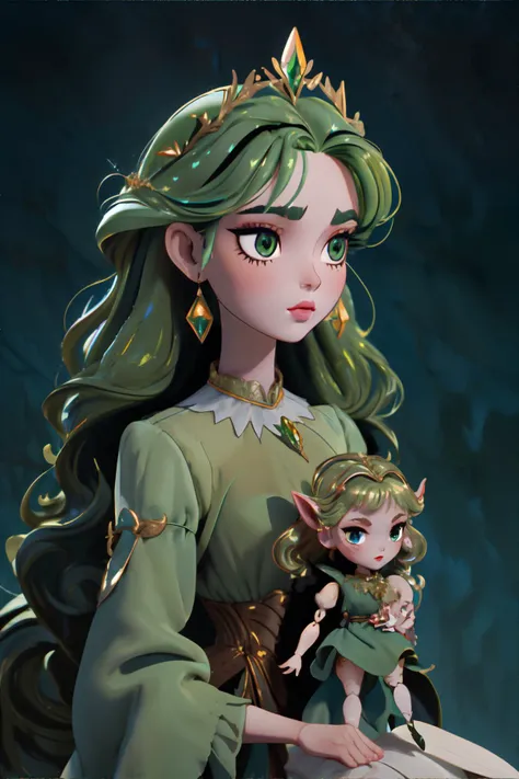 a close up of a doll with a green dress and a green crown