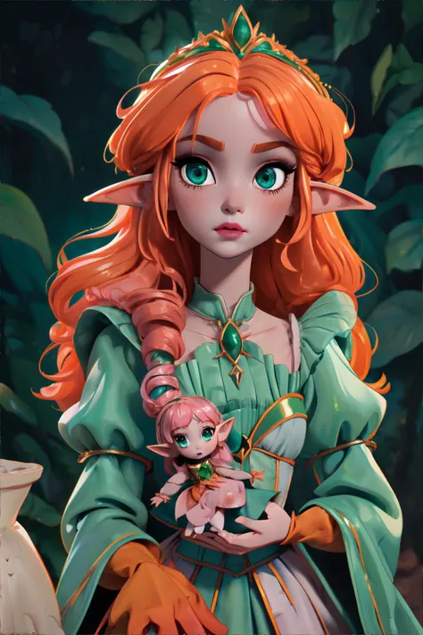 <lora:cutedolls:0.7>, elf doll, wearing Sorceress-inspired high-collar gowns with shimmering fabrics, (green, orange, pink palette), masterpiece, 8k, high resolution, shallow depth of field, sharp focus