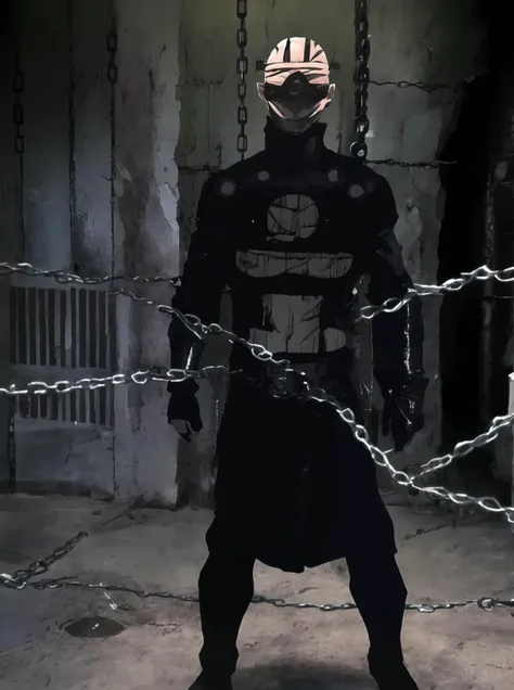 arafed man in a black outfit standing in a jail cell