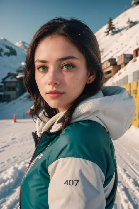 a woman standing in the snow with a ski slope behind her