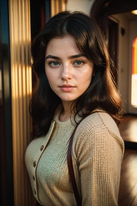 a close up of a woman with a purse standing near a wall