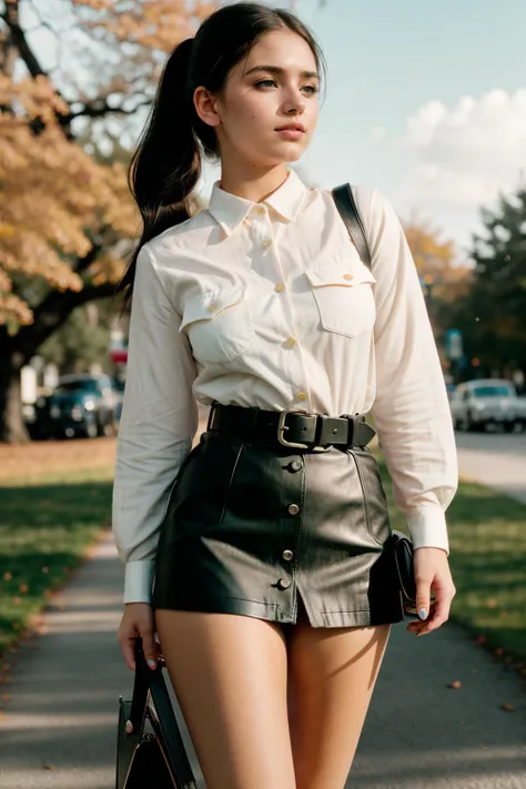 a woman in a white shirt and black leather skirt walking down a sidewalk