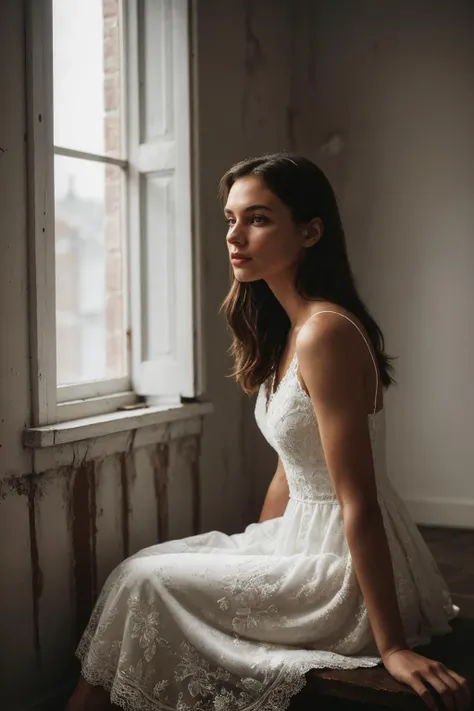 a woman sitting on a window sill looking out the window