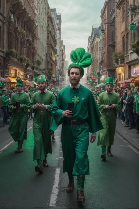 (4K, HDR), (photo-realistic), professional lighting, Landscape, persons, realistic texture, masterpiece, best quality, finely detailed, ((St. Patricks Day festivities are covered in green costumes and green symbols)), (Compositionally impressive photo), <l...