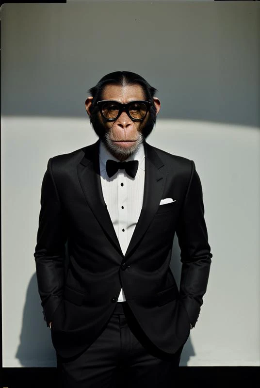 (analog photo) of a chimp wearing a black suit with a white shirt and black tie and wearing black Rayban style sunglasses, masterpiece, Fine art photography, award winning photography